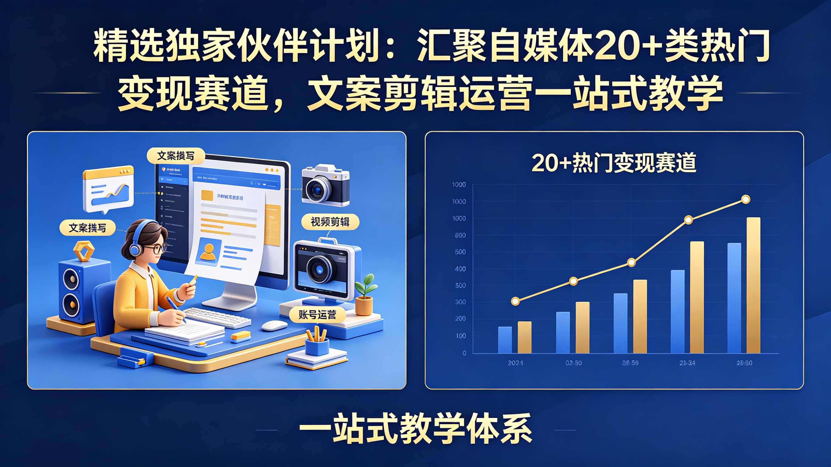 精选独家伙伴计划：汇聚自媒体20+类热门变现赛道，文案剪辑运营一站式教学-huitchan