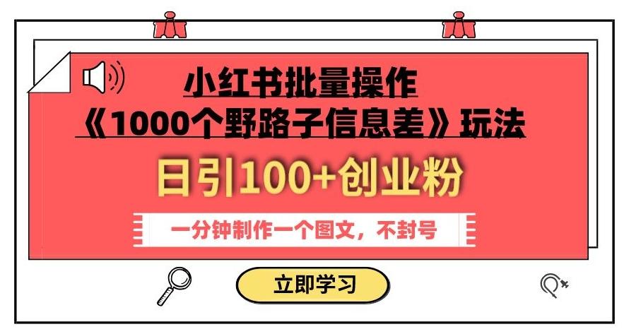 小红书批量操作《1000个野路子信息差》玩法，一分钟制作一个图文，不封号，日引100+创业粉-huitchan网创