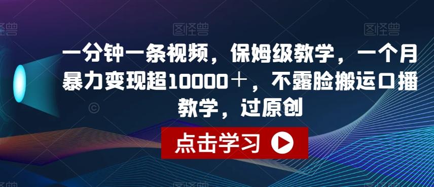 一分钟一条视频，保姆级教学，一个月暴力变现超10000＋，不露脸搬运口播教学，过原创-huitchan网创