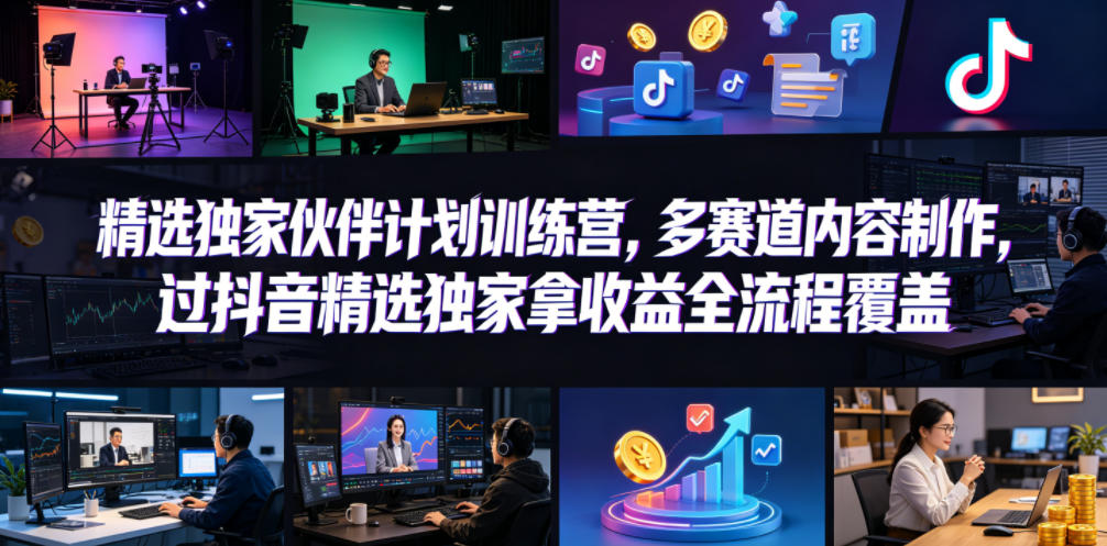 小豁食堂精选独家伙伴计划训练营，多赛道内容制作，过抖音精选独家拿收益全流程覆盖-huitchan