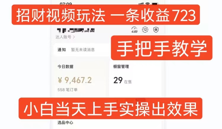 招财视频玩法，一条视频收益723，手把手教学，小白当天可上手-huitchan网创