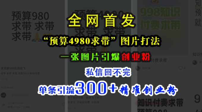 小红书“预算4980带我飞”图片打法，一张图片引爆创业粉，私信回不完，单条引流300+精准创业粉-huitchan网创