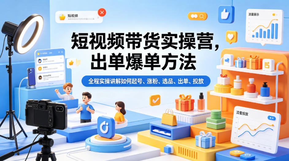 短视频带货实操营，出单爆单方法，全程实操讲解如何起号、涨粉、选品、出单、投放(更新0515)-huitchan网创