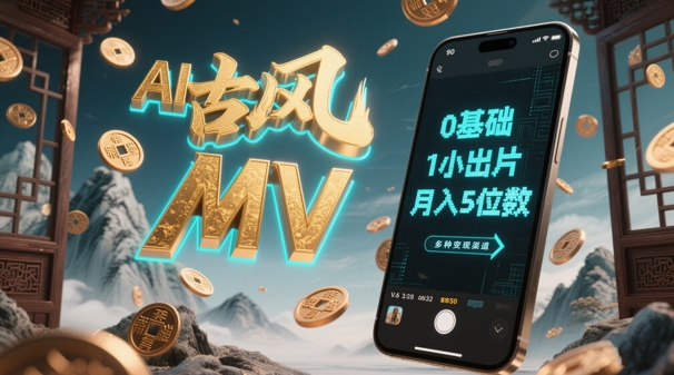 AI一键生成古风音乐MV，0剪辑基础1小时出片，多种变现渠道，一部手机月入5位数-huitchan网创