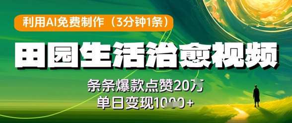 利用AI免费制作田园生活治愈视频，条条爆款点赞20W，单日变现几张-huitchan网创