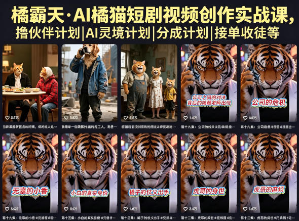 橘霸天·AI橘猫短剧视频创作实战课，撸伙伴计划|AI灵境计划|分成计划|接单收徒等-huitchan网创