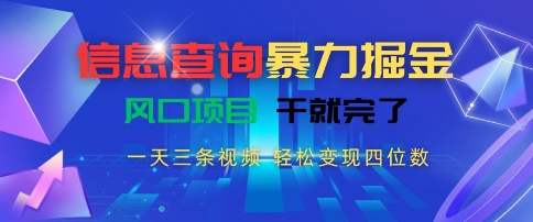 信息查询暴力掘金，一天三条视频，轻松变现四位数，风口项目干就完了【揭秘】-huitchan网创