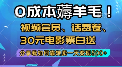 0成本薅羊毛!视频会员、话费卷、30元电影票白送，分享我如何靠转卖一天变现5张+【揭秘】-huitchan网创