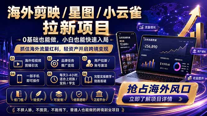 海外剪映 / 星图 / 小云雀拉新项目 普通人也能上手的跨境流量变现副业-huitchan网创