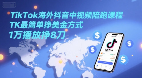 TikTok海外抖音中视频陪跑课程，TK最简单挣美金方式，1万播放挣8刀-huitchan网创