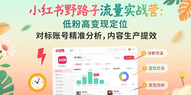小红书野路子流量实战营：低粉高变现定位 对标账号精准分析 内容生产提效-huitchan网创