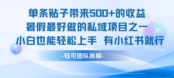 单条贴子带来5张的收益，暑假最好做的私域项目之一，小白也能轻松上手，有小红书就行-huitchan网创