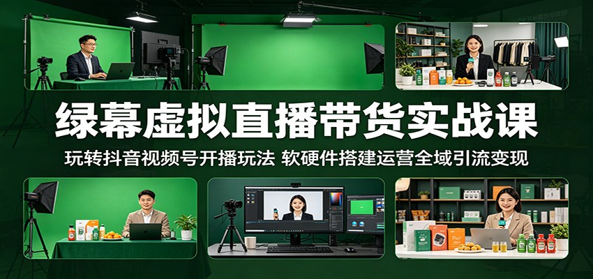 绿幕虚拟直播带货实战课：玩转抖音视频号开播玩法，软硬件搭建运营全域引流变现-huitchan网创