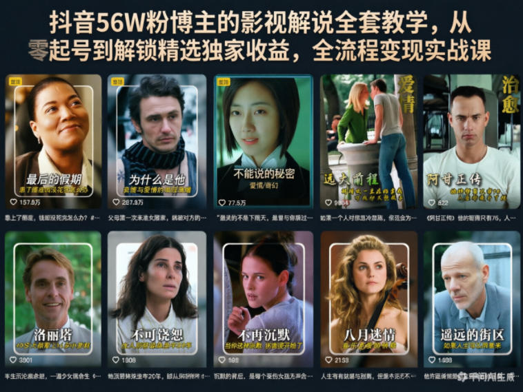 抖音56W粉博主的影视解说全套教学，从零起号到解锁精选独家收益，全流程变现实战课-huitchan网创