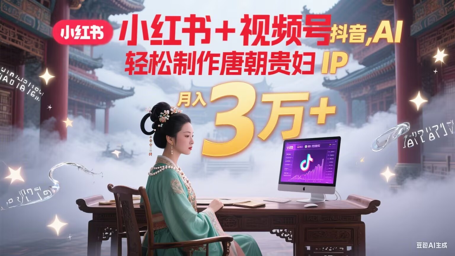 小红书+视频号+抖音，AI轻松制作唐朝贵妇IP，毒鸡汤、励志、减肥瘦身、养生赛道轻松切入，每天30分钟，轻松产出N条，月入3万+-huitchan网创
