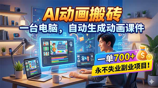 AI动画搬砖，一台电脑，自动生成动画课件，一单800+  永不失业副业项目！-huitchan网创