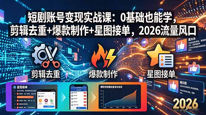 短剧账号变现实战课：0基础也能学，剪辑去重+爆款制作+星图接单，2026流量风口-huitchan网创