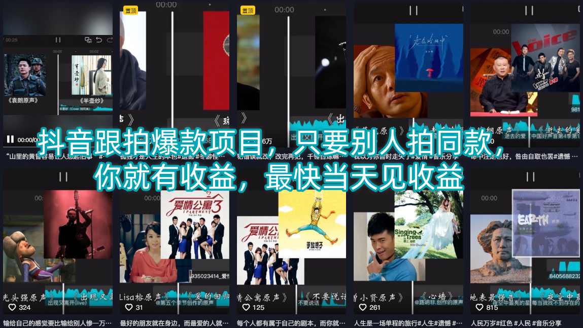 抖音跟拍爆款项目，只要别人拍同款，你就有收益，最快当天见收益-huitchan网创
