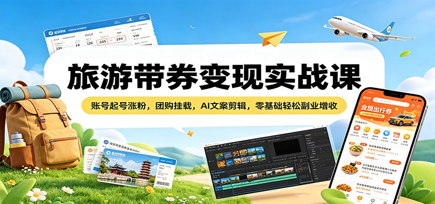 旅游带券变现实战课：账号起号涨粉，团购挂载，AI文案剪辑，零基础轻松副业增收-huitchan网创