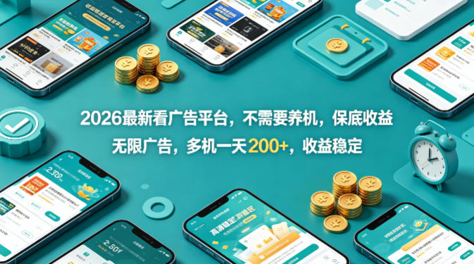 2026最新看广告平台，不需要养机，保底收益，无限广告，多机一天200+，收益稳定【揭秘】-huitchan网创