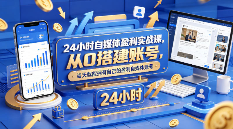 24小时自媒体盈利实战课，从0搭建账号，当天就能拥有自己的盈利自媒体账号-huitchan网创