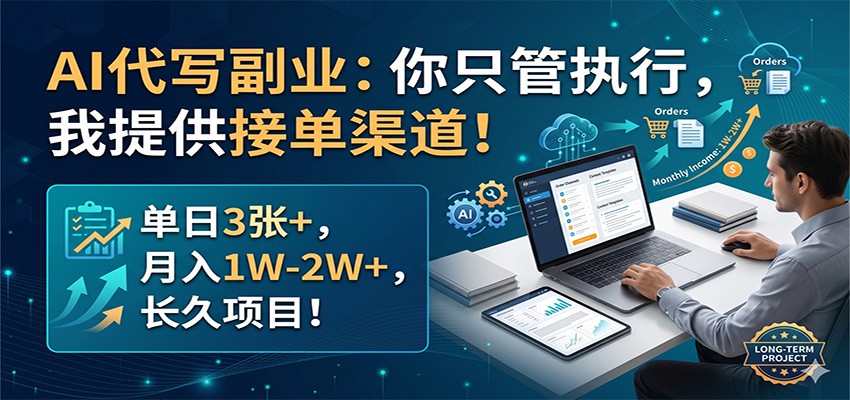 AI代写副业：你只管执行，我提供接单渠道！单日3张+，月入1W-2W+，长久项目-huitchan网创