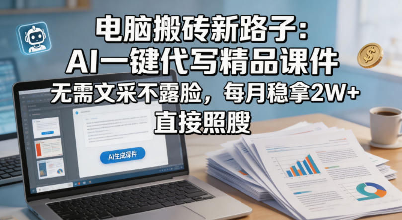 电脑搬砖新路子：AI一键代写精品课件，无需文采不露脸，每月稳拿2W+，直接照搬-huitchan网创