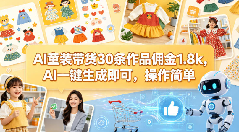 AI童装带货30条作品佣金1.8k，AI一键生成即可，操作简单-huitchan网创