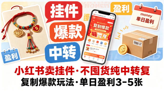 小红书卖挂件，不囤货纯中转复制爆款玩法，单日盈利3-5张-huitchan网创