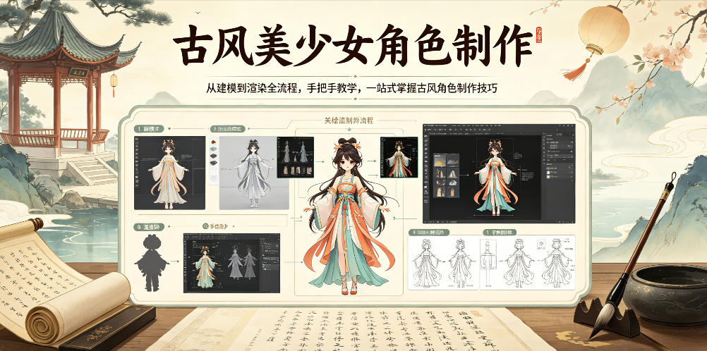 古风美少女角色制作，从建模到渲染全流程，手把手教学，一站式掌握古风角色制作技巧-huitchan网创