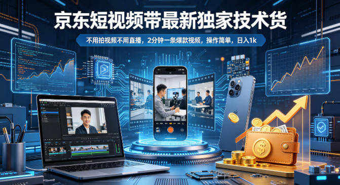 京东短视频带货最新独家技术，不用拍视频不用直播，2分钟一条爆款视频，操作简单，日入1k+【揭秘】-huitchan网创