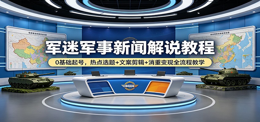 军迷军事新闻解说教程：0基础起号，热点选题+文案剪辑+消重变现全流程教学-huitchan网创