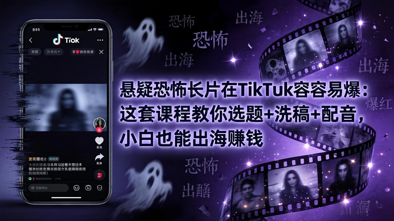 悬疑恐怖长片在TikTok最容易爆：这套课程教你选题+洗稿+配音，小白也能出海赚钱-huitchan网创