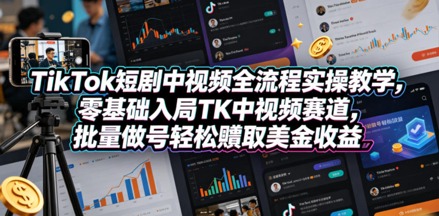 TikTok短剧中视频全流程实操教学，零基础入局TK中视频赛道，批量做号轻松賺取美金收益-huitchan网创