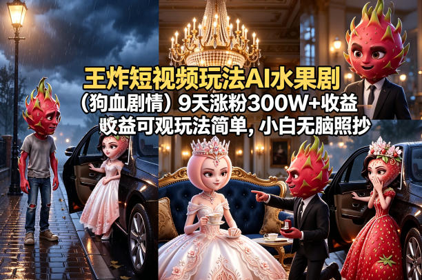 王炸短视频玩法AI水果剧(狗血剧情)9天涨粉300W+收益可观玩法简单，小白无脑照抄，详细拆解玩法-huitchan网创