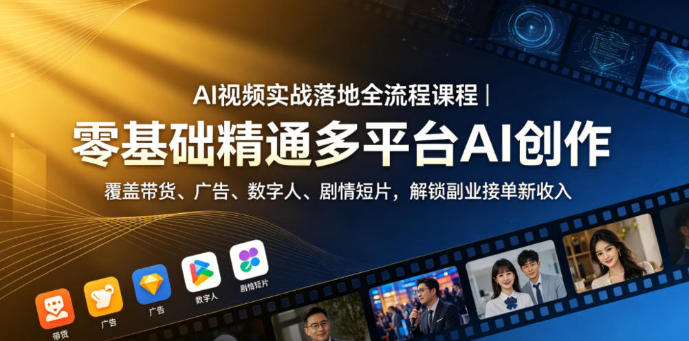 AI视频实战落地全流程课程｜零基础精通多平台AI创作，覆盖带货、广告、数字人、剧情短片，解锁副业接单新收入-huitchan网创