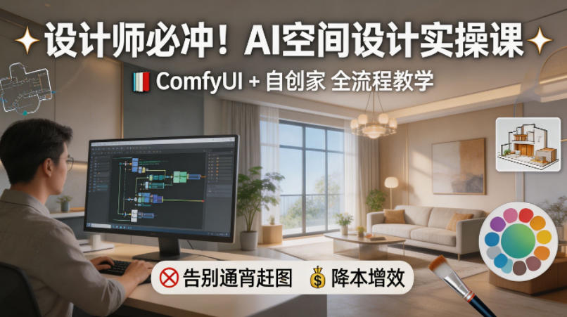 设计师必冲！AI空间设计实操课，ComfyUI+自创家全教学，告别通宵赶图，降本增效-huitchan网创