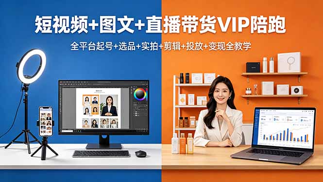 短视频+图文+直播带货VIP陪跑，全平台起号+选品+实拍+剪辑+投放+变现全教学-huitchan网创