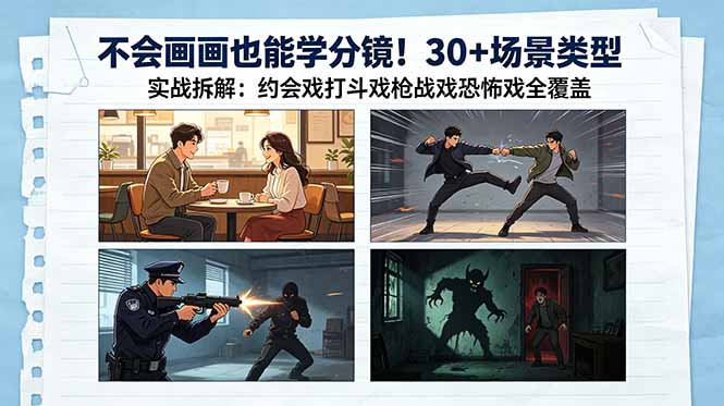 不会画画也能学分镜！30+场景类型实战拆解：约会戏打斗戏枪战戏恐怖戏全覆盖-huitchan网创