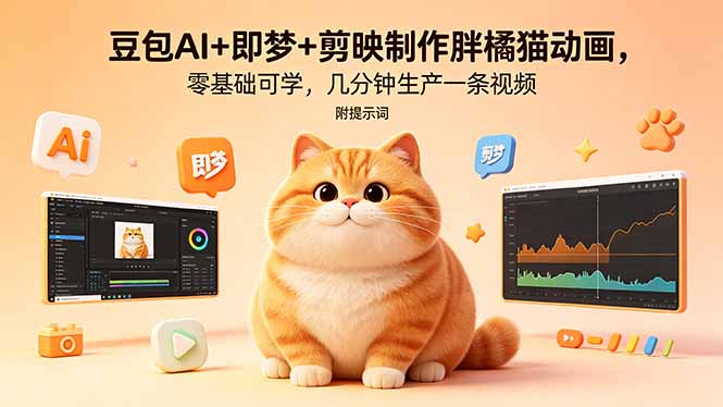 豆包AI+即梦+剪映制作胖橘猫动画，零基础可学，几分钟生产一条视频，附提示词-huitchan网创