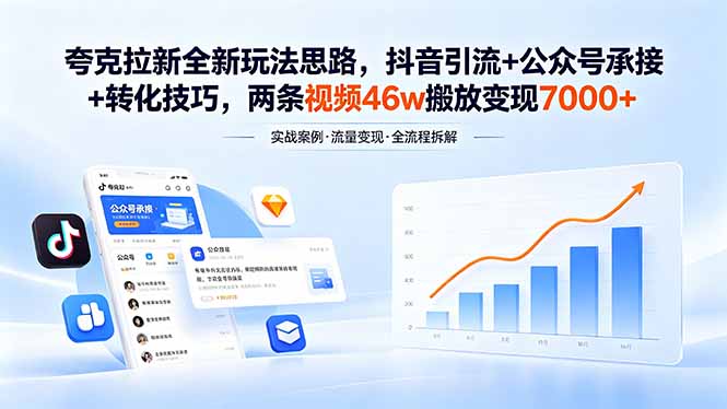 夸克拉新全新玩法思路，抖音引流+公众号承接+转化技巧，两条视频46w搬放 变现7000+-huitchan网创