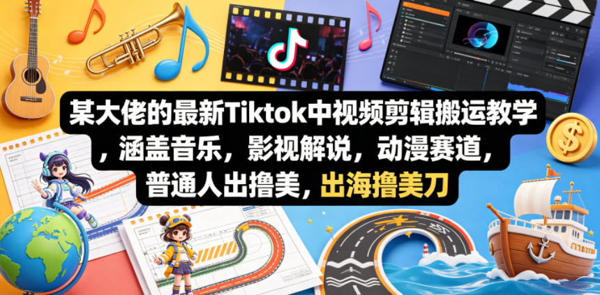 某大佬的最新Tiktok中视频剪辑搬运教学，涵盖音乐，影视解说，动漫赛道，普通人出海撸美刀-huitchan网创