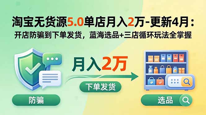 淘宝无货源5.0单店月入2万-更新5月：开店防骗到下单发货，蓝海选品+三店循环玩法全掌握-huitchan网创