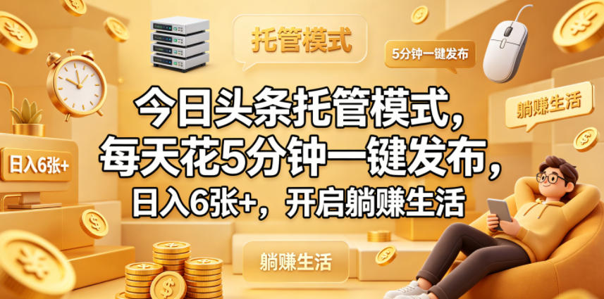 今日头条托管模式，每天花5分钟一键发布，日入6张+，开启躺賺生活【揭秘】-huitchan网创