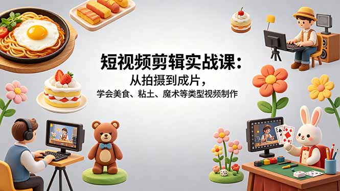 短视频剪辑实战课：从拍摄到成片，学会美食、粘土、魔术等类型视频制作-huitchan网创