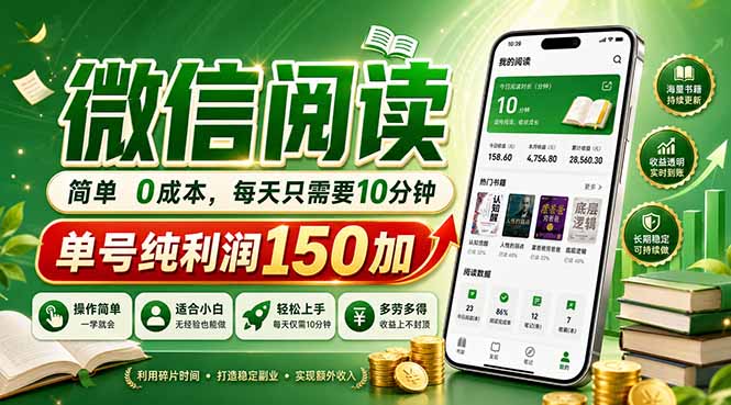 最新微信阅读，每日10分钟，单号利润150+，可批量放大操作，简单0成本-huitchan网创