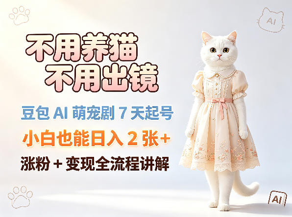 不用养猫不用出镜，豆包AI萌宠剧7天起号，小白也能日入2张+，涨粉+变现全流程讲解-huitchan网创