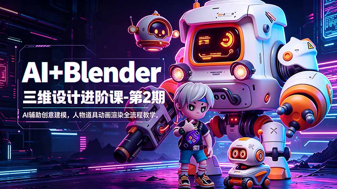 AI+Blender三维设计进阶课-第2期：AI辅助创意建模，人物道具动画渲染全流程教学-huitchan网创