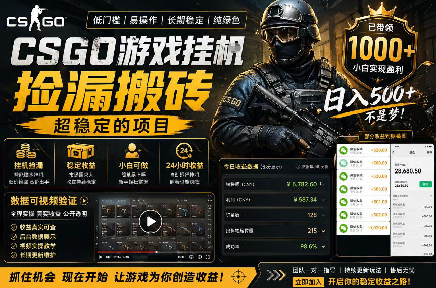 CSGO游戏搬砖，全自动挂G，不需要玩游戏，手机操作日入300+，解放双手【揭秘】-huitchan网创