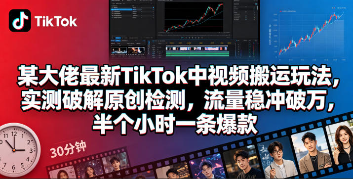 某大佬最新TikTok中视频搬运玩法，实测破解原创检测，流量稳冲破万，半个小时一条爆款-huitchan网创